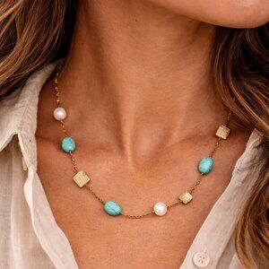 Vintage Lia Sophia Turquoise & Jasper Long Beaded Capri Seed Bead Necklace